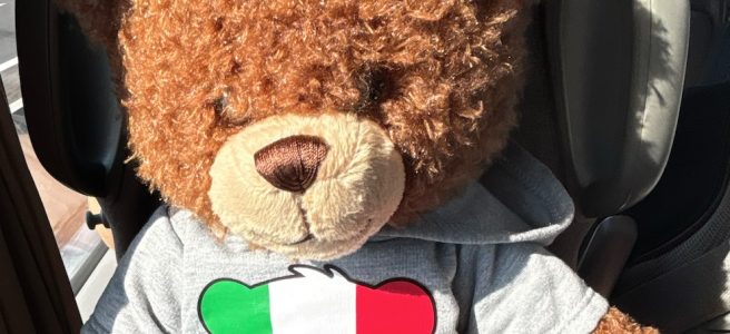 EIn Bär als Stofftier mit einem T-Shirt auf dem »Italia« steht. Zusätzlich ist ein Bärenkopf in den Nationalfarben Italiens auf dem Shirt.